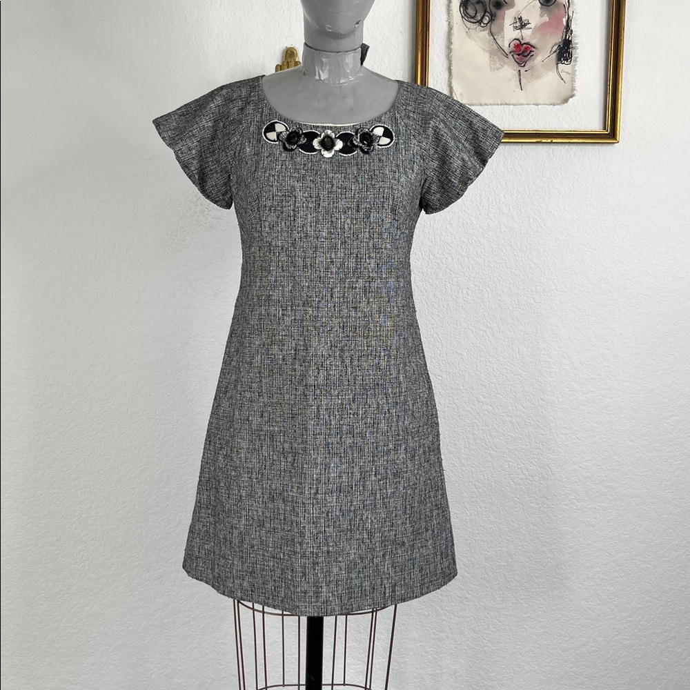Rebecca Taylor Tweed Retro Beaded Collar Short Sleeve Shift A Line Dress